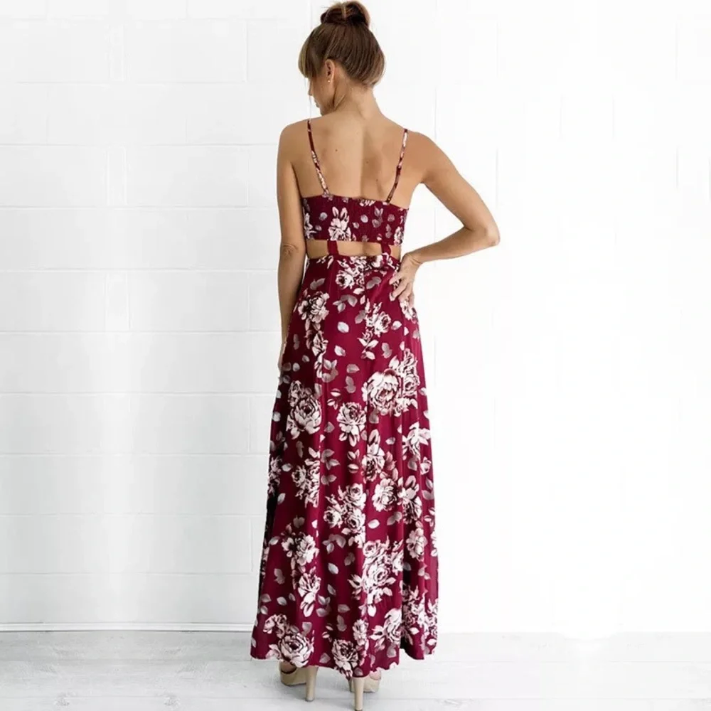 Open Cutout Midriff Bold Burgundy Floral Chiffon Maxi Dress - Picture 3 of 4